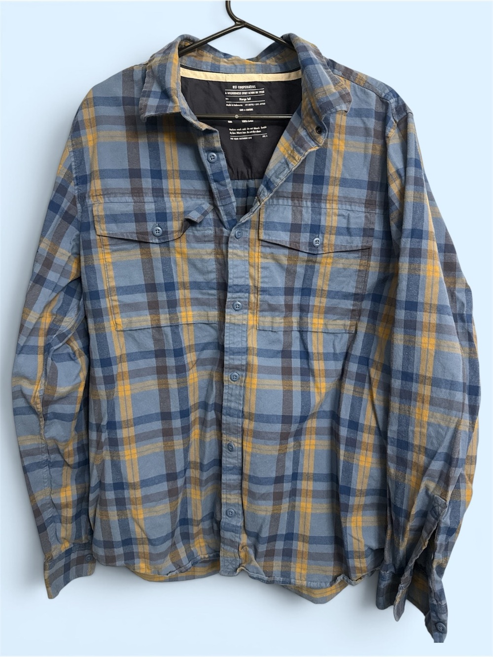 REI Cooperative Blue & Yellow Long-Sleeve Plaid Flannel